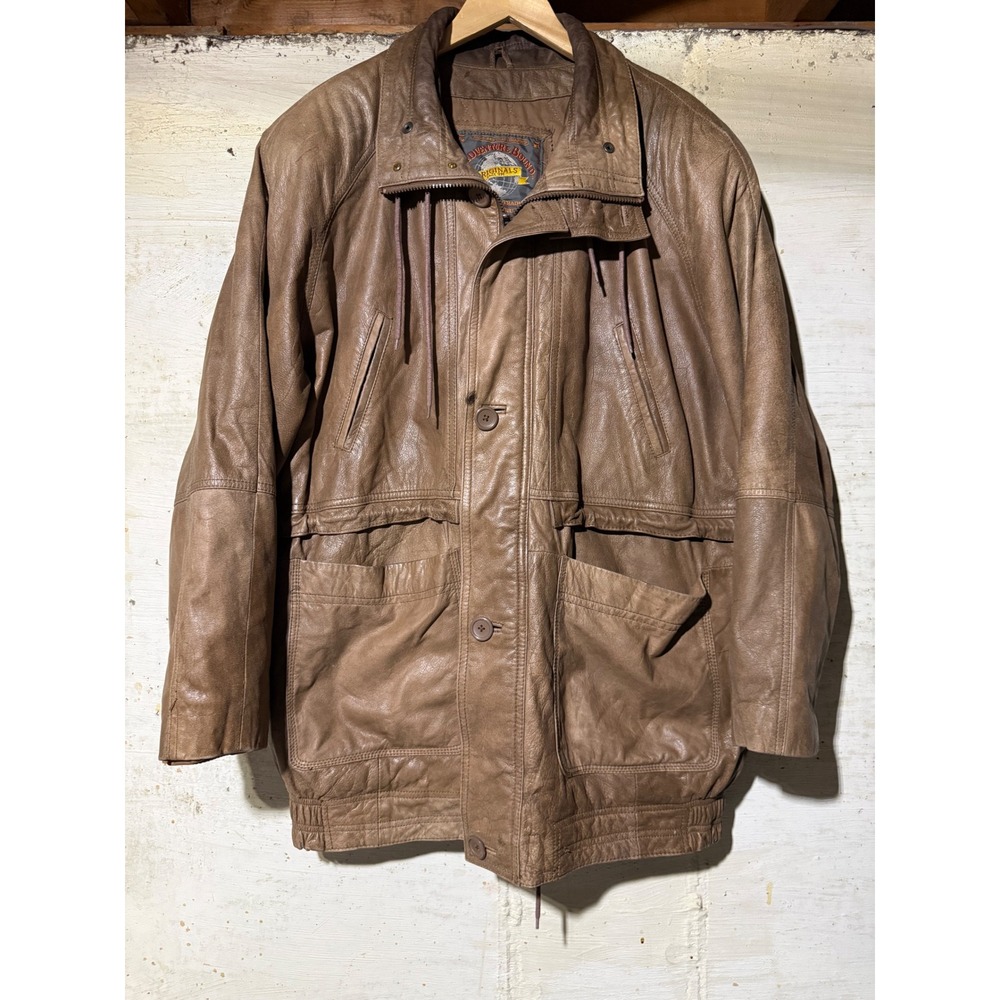 Adventure Bound Originals Mens Brown Leather Field Jacket Parka Coat Large